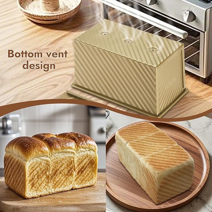 CURTA Commercial Pullman Loaf Pan with Lid 1 lb Dough Capacity Non-Stick Bakeware for Baking Bread, Corrugated Bread Toast Mold with Bread loaf pan, Champagne Gold 2pcs