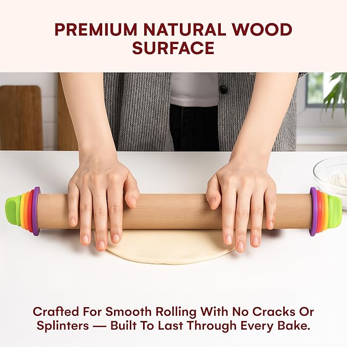 Kitchtic Adjustable Rolling Pin with Removable Rings - Precision Baking and Cookie Dough Rolling Pin with Thickness Measuring Rings for Perfectly Rolled Dough - Multi-Color - 16.9''x2.5''x2.5''