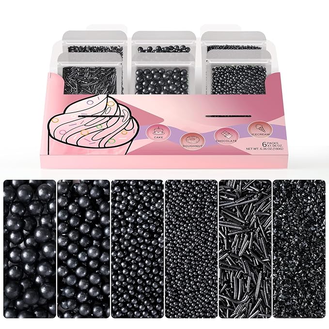 HUEBEATY 6-in-1 Black Edible Cake Pearls Sprinkles for Cake Cookies Decorating and Baking | 180g/6.36oz | Black Sanding Sugar for Cookies | Edible Graduation, Halloween Sprinkles and Decorations