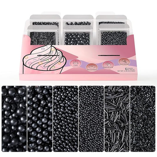 HUEBEATY 6-in-1 Black Edible Cake Pearls Sprinkles for Cake Cookies Decorating and Baking | 180g/6.36oz | Black Sanding Sugar for Cookies | Edible Graduation, Halloween Sprinkles and Decorations