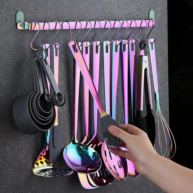 Rainbow Cooking Utensils Set, Kyraton Stainless Steel 37 Pieces Kitchen Utensils Set with Titanium Colorful Plating, Kitchen Tool Gadgets Set with Utensil Rack Heat Resistant Dishwasher Safe