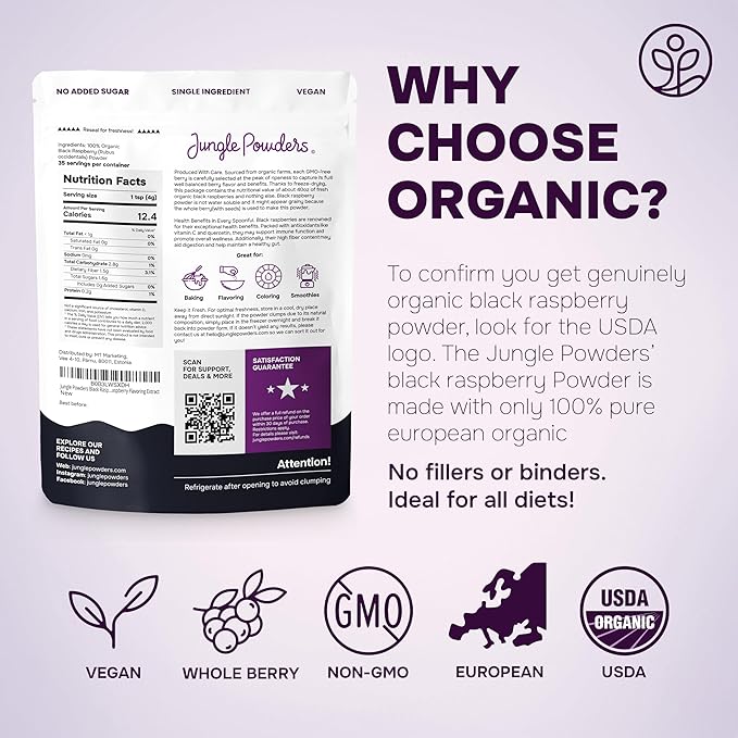 Jungle Powders Organic Black Raspberry Powder 5 Ounce Bag, USDA Organic Freeze Dried Raspberries Fruit Whole Berry for Baking, Additive Filler Free Superfood Extract Rasberries Smoothies Dehydrated