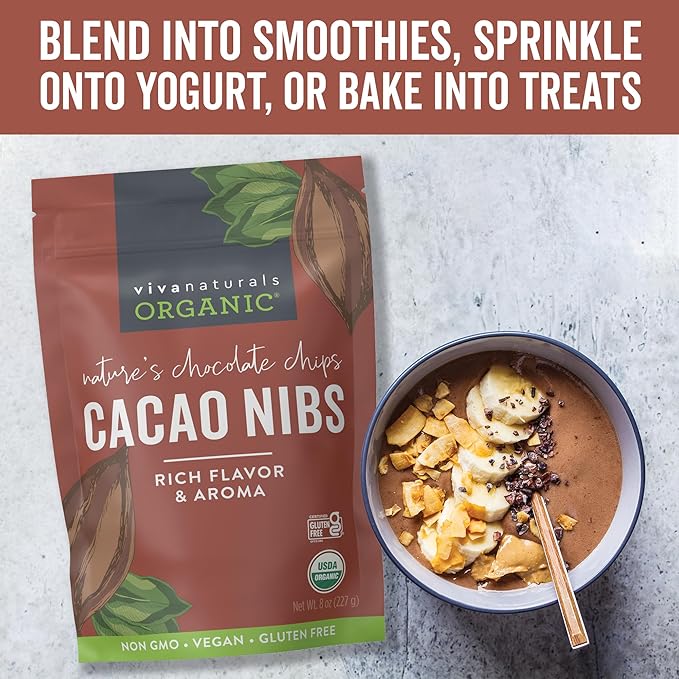 Viva Naturals Organic Cacao Nibs, Unsweetened, 8 oz (227 g), Keto Friendly, Vegan, Non-GMO, Gluten-Free Chocolate Chip Substitute