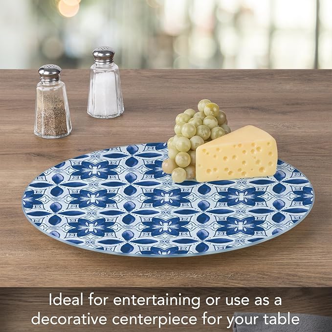 CounterArt Blue Pattern 4mm Tempered Glass Lazy Susan Turntable 13" Diameter Condiment Caddy Cake Plate Pizza Server