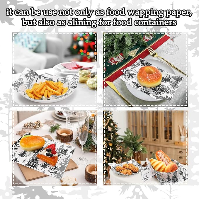 150Pcs Christmas Tree Deli Paper, 9.8 x 8.3'' Forest Grease Proof Food Deli Sheets, Resistant Sandwich Wrap Liners Greaseproof Food Wax Paper for Xmas Winter Party Supplies (Black)