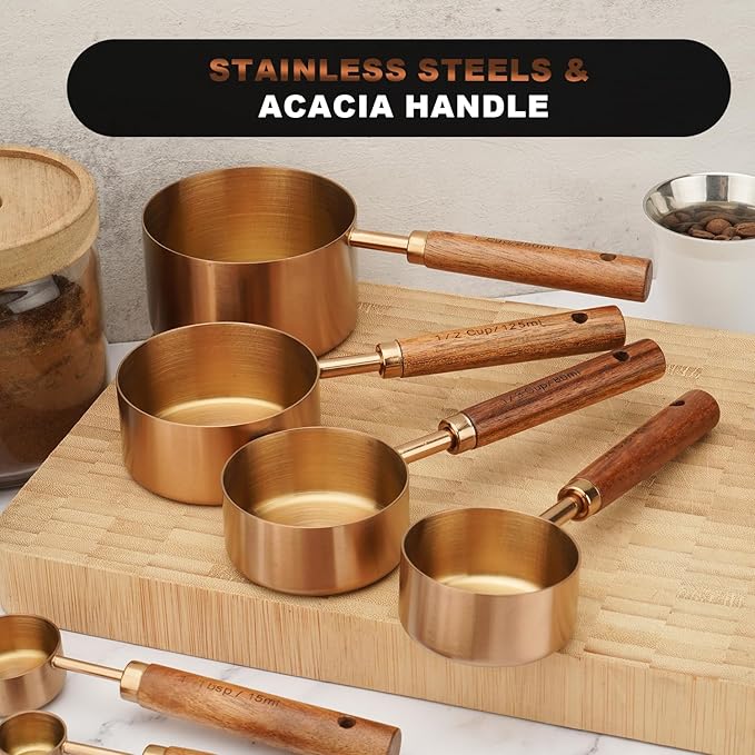 Gold Measuring Cups and Spoons Set, 8 Piece Premium Stainless Steel Measuring Cups with Wood Handles for Baking Supplies in the Kitchen (Bronze)