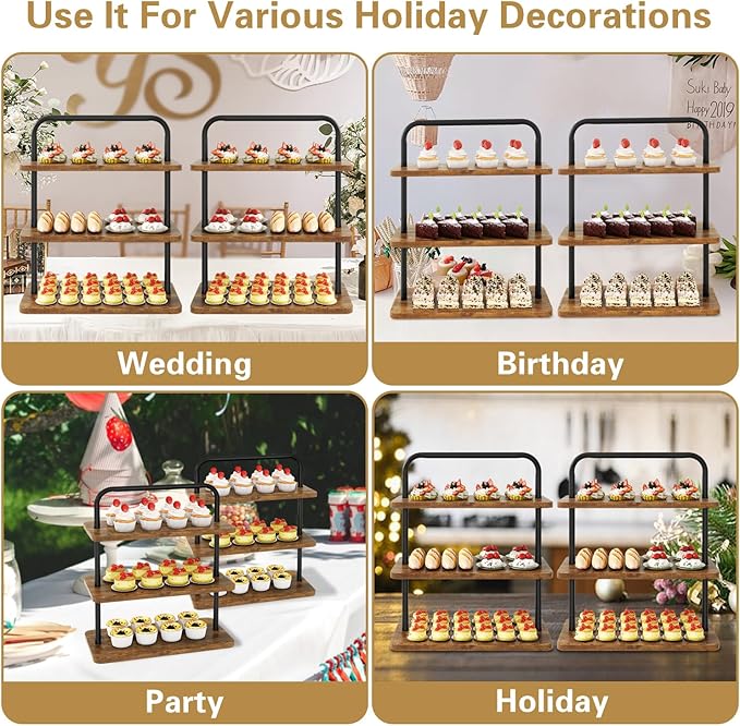 IBUYKE Wood Cupcake Stand,3 Tier Dessert Stand,Set of 2,Cupcake Stand for 50 Cupcakes,Cupcake Tower Dessert Display Stand for Party, Christmas, Wedding, Baby Shower, Serving Tray,Rustic Brown UTLJ013H-2