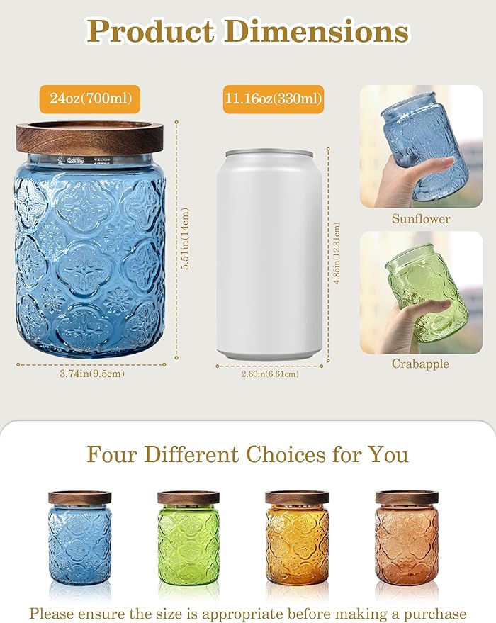 Glass Jar with Airtight Wood Lid – 24 OZ Kitchen Pantry Bathroom Storage Canister, Decorative Vintage Container for Candy, Salt, Coffee, Cookie, Cereal, Nuts, Oats, Flour, Sugar, Tea, Blue Begonia