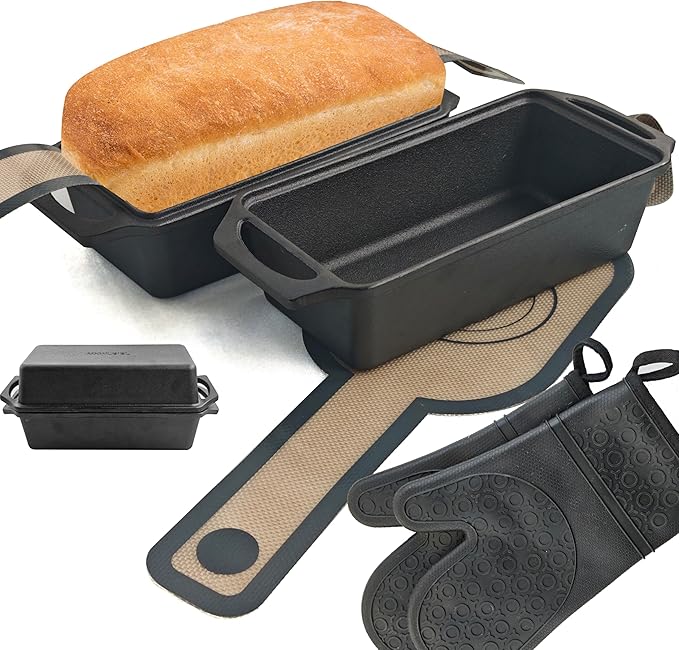 9x4.3 Inch Cast Iron Loaf Pan with Lid - 1.8 QT Durable Loaf Pans Rectangular Baking Pan Even Heat Distribution for home baking 2 Piece Set (Silicone mats 3-Piece set, Small)