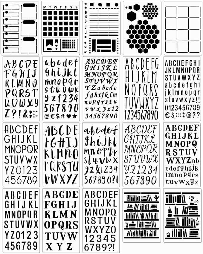 20pc Letter Stencil Template - Reusable Lettering Stencils for Painting, Wood, Plastic, Numbers - Alphabet Stencils for Notebook, Diary, Scrapbook Decorations