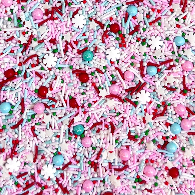 Fancy Sprinkles Limited Edition Holiday Vintage Snowfall Sprinkles Pink Pastel, Teal, Red, Dark Green and Snowy White Crunchy Jimmies, Pearls, Nonpareils, Sugar, Star and Snowflake Shapes (0.5c)