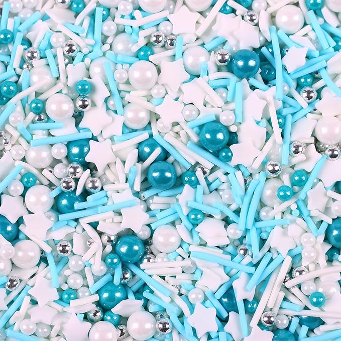 Blue Sprinkles for Cake Decorating, 3.52oz Blue and White Pearl Sprinkles, Bluey Sprinkles for Cupcakes Baking Ice Cream Cookie, Edible Star Sprinkles