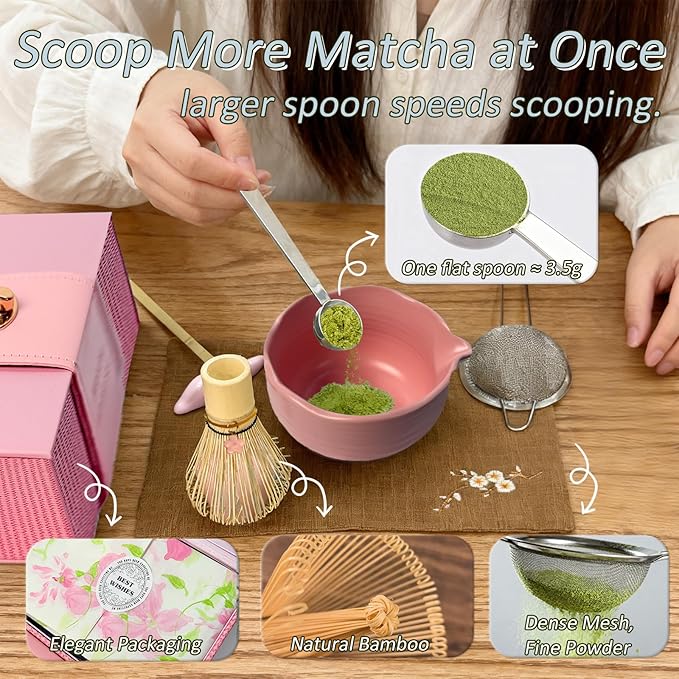 8Pcs Matcha Whisk Set, Matcha Set Includes Ceramic Matcha Bowl, Whisk and Holder, Bamboo Scoop, Scoop Rest, Sifter, Measuring Spoons and Tea Towel Tea Kit Gift Set for Women (Pink)