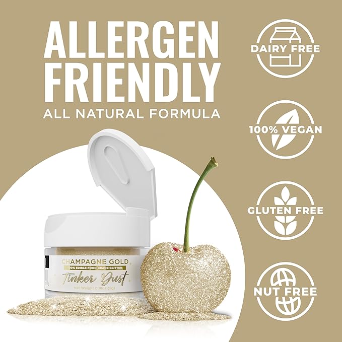 Bakell - Champagne Gold Tinker Dust (5g, 1x Jar) Edible Glitter for Food, Desserts, and Beverages!