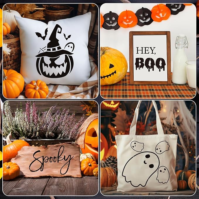 9 Pcs Large Halloween Stencils for Door Mats, Reusable Pumpkin Ghost Bat Painting Crafts, Halloween Stencils for Painting On Doormat Wood Wall Decor (Cute 9)