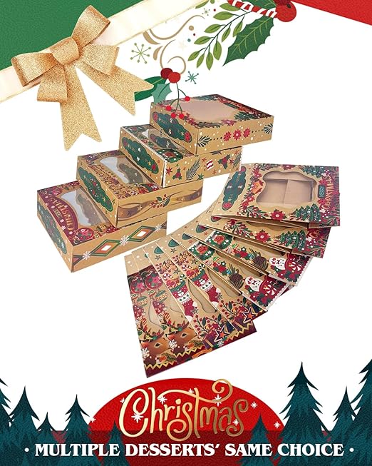 qiqee Christmas Kraft Cookie Boxes with Window 12packs 10x10x2.5 Inch Bakery Box Pastry Box for Christmas