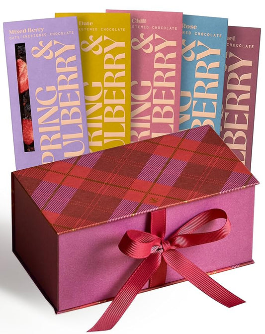 Spring & Mulberry Keepsakeable Holiday Gift Box - Dark Chocolate Bars - Refined Sugar Free Dark Chocolate Sweetened w/Dates, Gluten Free & Vegan Bar Treats - Embellished with Fruits & Florals Gift Set