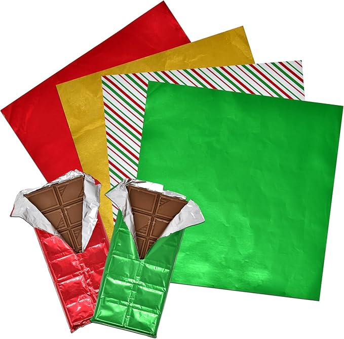 Gift Boutique Christmas Foil Chocolate Bar Candy Wrappers Hot Chocolate Bomb Aluminum Tin Wrapping Paper 200 Pieces Decor Wrapper Papers for Holiday Baking Homemade Food Party Favor 8" x 8" Squares