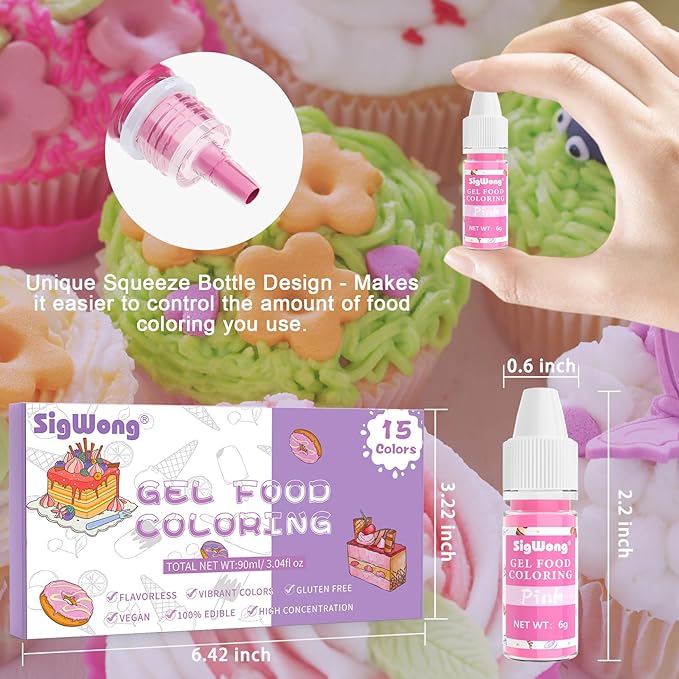 Gel Food Coloring - 15 Colors Flavorless Gel Based Food Color Dye, Vibrant Edible Concentrated Food Coloring for Cake Cookie Decorating, Easter Egg, Icing, Fondant, Christmas Baking, Macaron (6g/Bottle) - Vegan