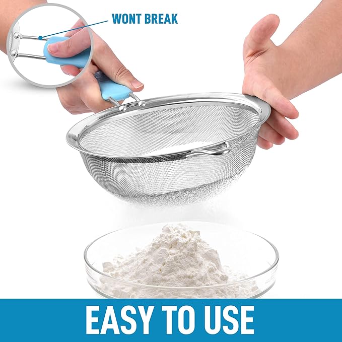 Zulay Kitchen Premium Stainless Steel Fine Mesh Strainer Set - Strainers For Kitchen (Set of 3) With Non-Slip Handles - Includes A Small, Medium & Large Fine Mesh Sieve Set - Durable Metal Strainer