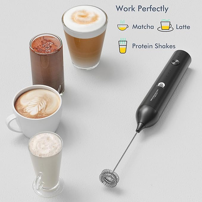 Rechargeable Milk Frother, 3 Speed Frother Wand Handheld Foam Maker with 2-layer Stainless Steel Whisk for Making Cappuccinos, Lattes, Bulletproof Coffee, Keto Drinks, Protein Shakes, and Matcha
