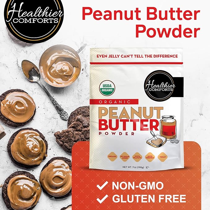 Healthier Comforts Organic Peanut Butter Powder | USA Grown and Processed | Gluten Free, Vegan, Kosher, Keto-Friendly | No Added Sugars, Low Sodium | Perfect For Protein Powder Shakes, Smoothies and Baking (21 oz)