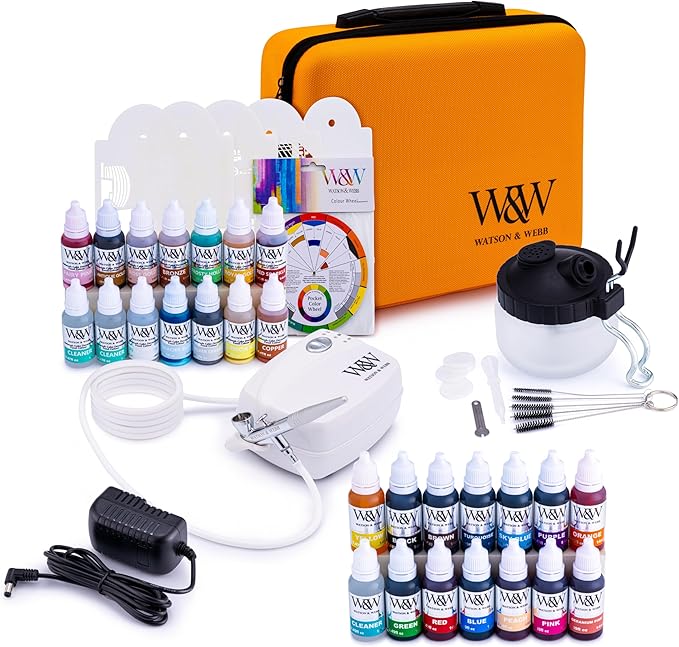 Watson & Webb Studio Collection - Cake Airbrush Decorating Kit - Inc Professional Mains Powered Spray Gun, 25 Vibrant Colors, Stencils, Case, Spraytidy, Tools - for Food, Cakes, Cookies & Baking