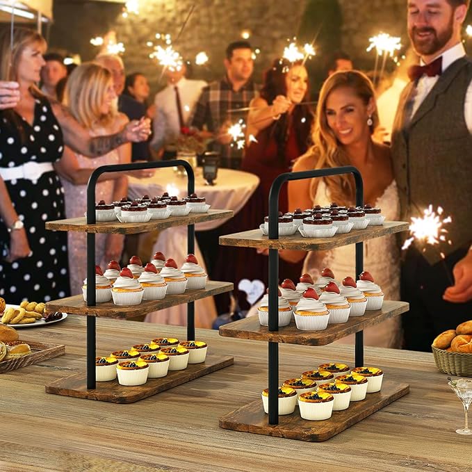 IBUYKE Wood Cupcake Stand,3 Tier Dessert Stand,Set of 2,Cupcake Stand for 50 Cupcakes,Cupcake Tower Dessert Display Stand for Party, Christmas, Wedding, Baby Shower, Serving Tray,Rustic Brown UTLJ013H-2