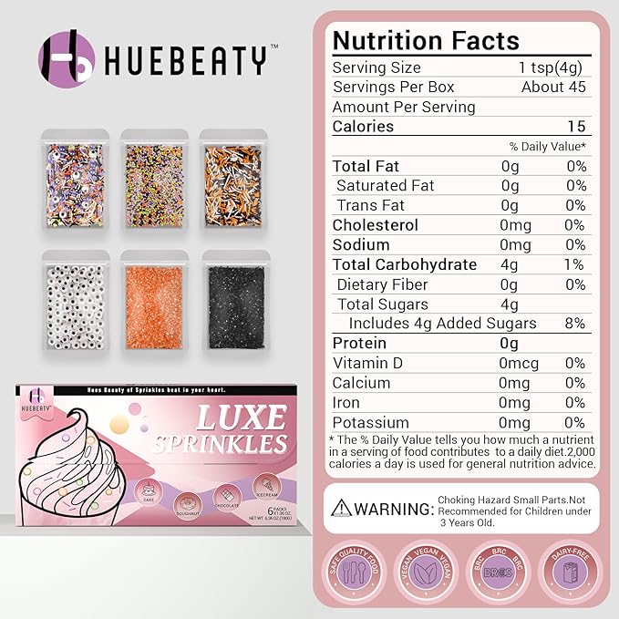 HUEBEATY 6-in-1 Halloween Spooky Sprinkles Edible – 180g Eyeball Candy, Nonpareils, Jimmies, Black and Orange Sugar Sprinkles for Cupcakes, Cookies, Cakes Baking and Decorating – Halloween Edible Topper Decorations