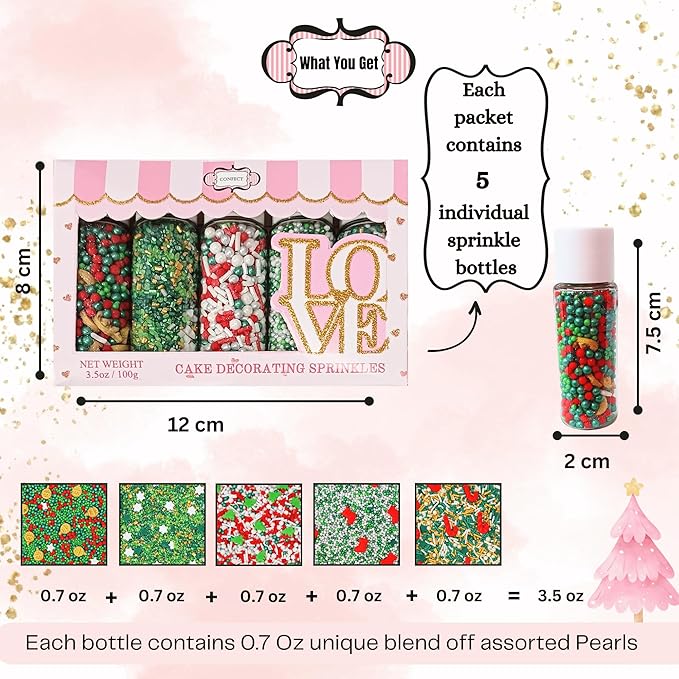 Confect Christmas Sprinkles | Christmas Sprinkles - Green White Silver Red & Gold Pearls Sparkling sugar I Christmas Tree Stocking & Candy Canes for Dessert Decorating- 5 Oz