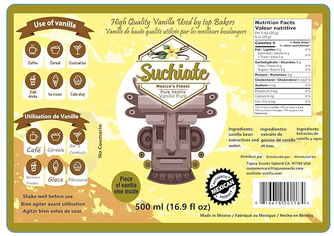 Suchiate Pure Vanilla | Mexican Vanilla for Baking and Desserts | Made with Real Vanilla Bean | Vainilla Mexicana Buena 16.9oz (500 ml)