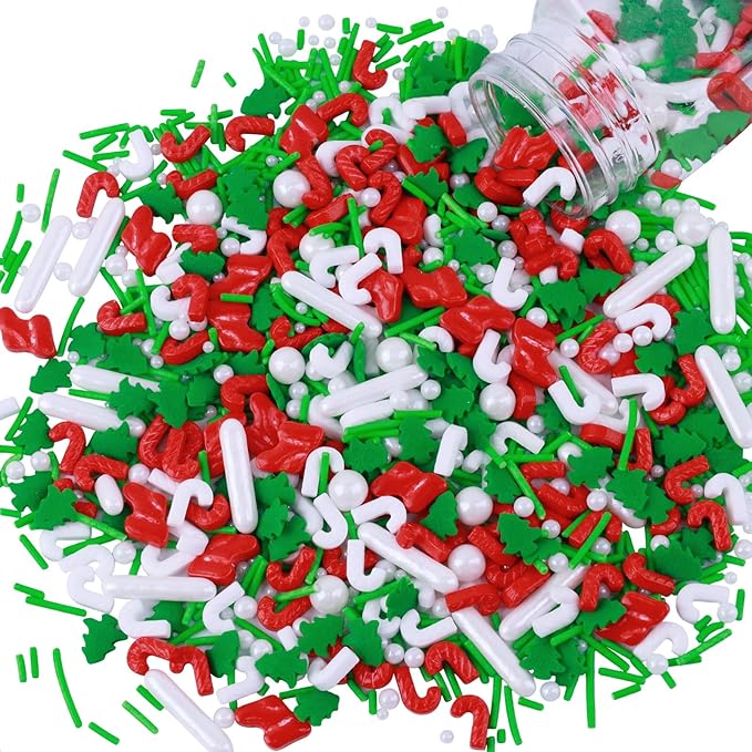 Morofme 3.5 oz Christmas Tree Sprinkles Red and Green Christmas Sprinkles White Pearl Mix Jimmies Christma Cane Sock Sprinkle Cake Topper Edible Holiday Sprinkle for Dessert Cupcake Toppers Cookie