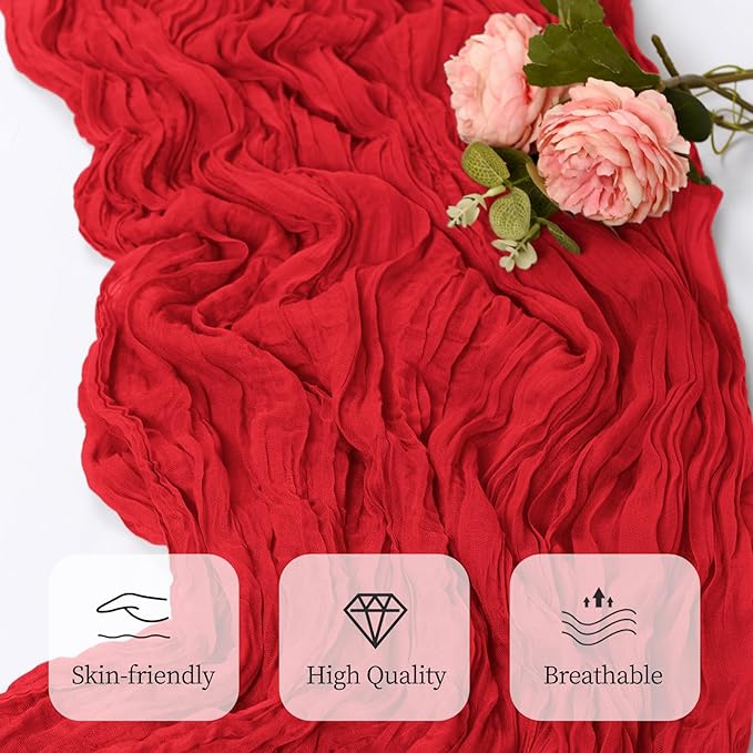 6 Pack Red Cheesecloth Table Runner 17x108 Inch Semi Sheer Boho Gauze Cheese Cloth Fabric Table Runners, for Wedding Party Baby Shower Birthday Home Decor Garden Farmhouse