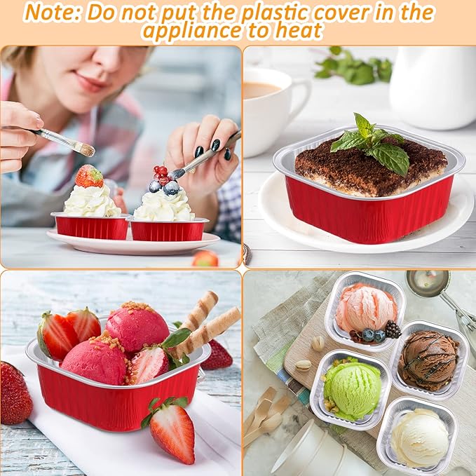 Aoriher 300 Pieces 10 oz Mini Cake Pans with Lids, Aluminum Foil Baking Cups, Square Disposable Cupcake Cups Baking Tins for Wedding Birthday Party Supplies(Red)