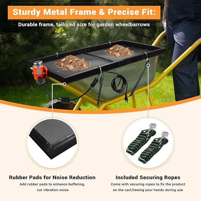 CAROD Soil Sifter with 30W Vibration Motor, Garden Metal Sifter for Rocks with Switch, Automatic 39" x 19.5" Large Compost Screen Sieve for Sand, Rocks - Idea for Most Wheelbarrow Carts (Not Included)