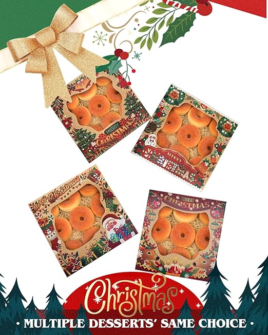 qiqee Christmas Kraft Cookie Boxes with Window 12packs 10x10x2.5 Inch Bakery Box Pastry Box for Christmas