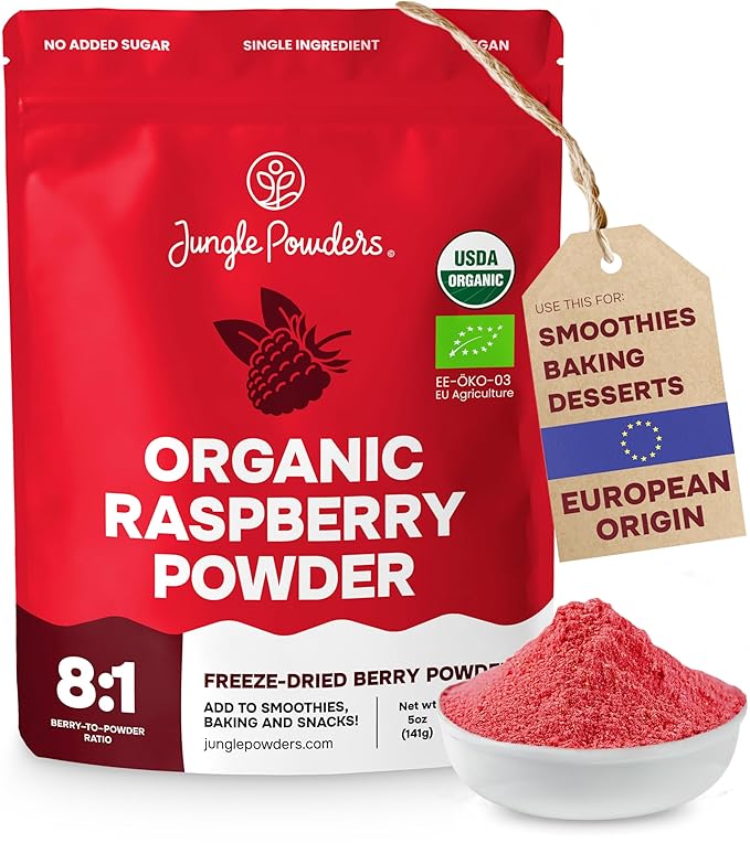 Jungle Powders Organic Raspberry Powder 5 Ounce Bag, USDA Organic Freeze Dried Raspberries from Whole Berry for Baking, Additive Filler Free Red Superfood Extract Rasberries Smoothies Organic Dehydrated