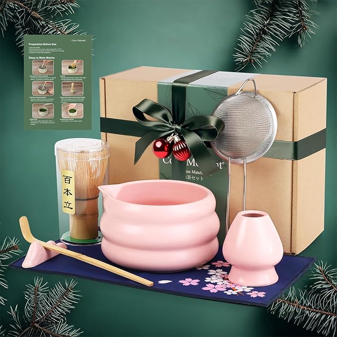 Pink Matcha Whisk Set, Ceramic Matcha Kit Set Includes Matcha Bowl, Matcha Whisk and Holder, Bamboo Scoop, Scoop Rest, Sifter and Tea Towel - 7 Pcs Matcha Kit for Matcha Lovers