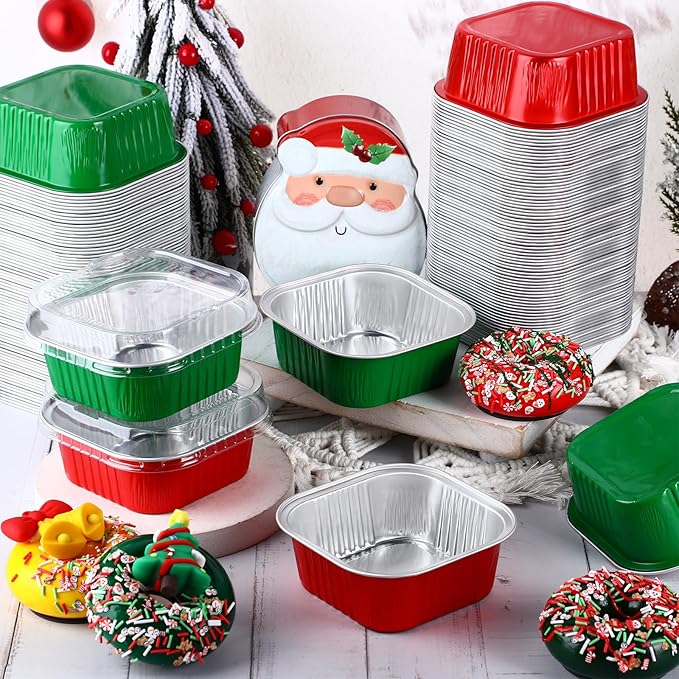 Aoriher 150 Pieces 10 oz Mini Cake Pans with Lids Aluminum Foil Baking Cups Square Disposable 4" x 4" Large Cupcake Cups Baking Tins for Kitchen Brownie Pudding Desserts Holders(Red,Christmas Green)