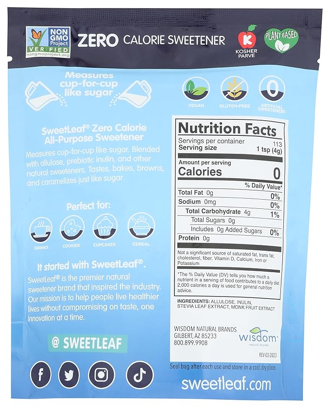 SweetLeaf Indulge Sweetener - Sugar Substitute with Stevia, Monk Fruit, Allulose, & Inulin, Use for Baking, Cooking, or Coffee, Granulated Sugar Alternative, Keto Friendly, Zero Calorie - 16 Oz