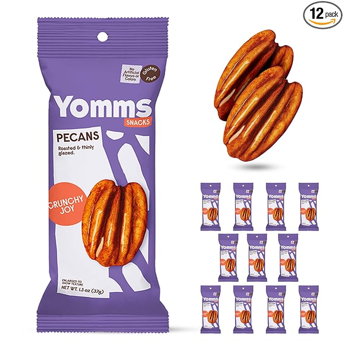 Yomms Crunchy Joy Pecans Halves – Low Sugar Healthy Dessert Snack | Coconut & Crunchy Pecan Snack | Lightly Sweetened, Honey Roasted Mixed Nuts | Great for Snacking, Salads - 1.3oz - Pack of 12