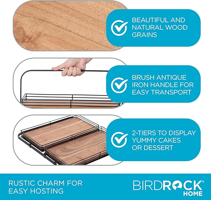 BIRDROCK HOME 2-Tier Wood & Iron Serving Tray w/Handle – Rustic Farmhouse Dessert Server – Party Display Stand - Cupcakes, Appetizers, Fruits & Pastries – Modern Kitchen Tiered Platter – Natural