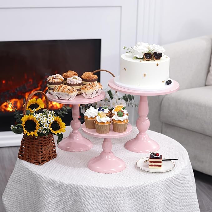 Set of 3 Pink Cake Stands, QENUIITEA Metal Round Cake Holder Dessert Pie Pizza Display Stand 8" 10" 12" Serving Tray Decoration for Wedding Celebration Party Birthday Baby Shower