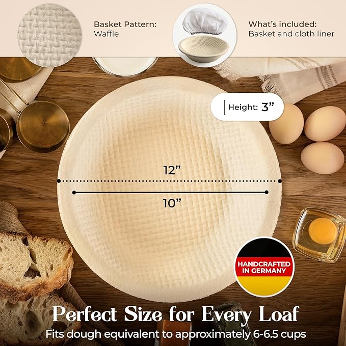 12" Round Wood Pulp Banneton Bread Proofing Basket – 3.3LB Brotform with Waffle Pattern – Non-Stick Natural Wood Pulp Pressed for Durability– Made in Germany Proofing Basket for Sourdough Bread Baking