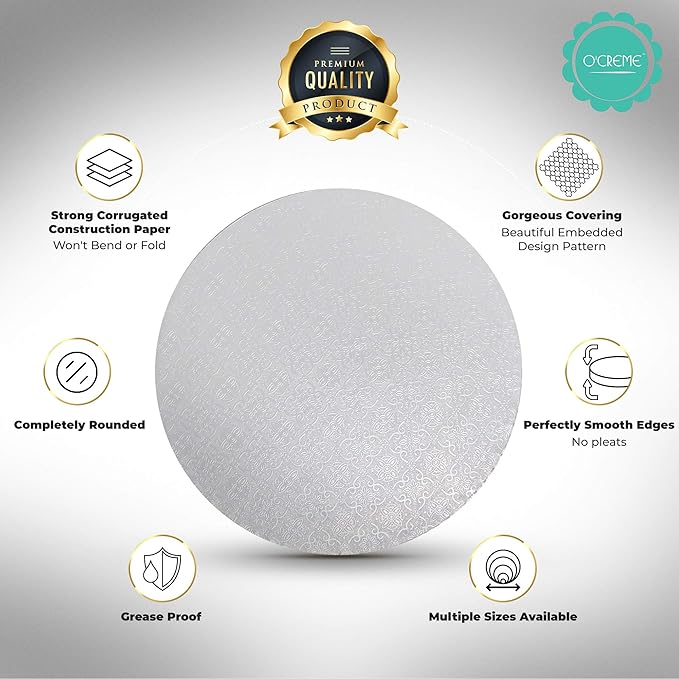 O'Creme Cake Board Pack, White Round Cake Circles with Gorgeous Design, Sturdy & Durable 1/2' Thick Cake Drums, 16' Diameter, Pack of 5 Disposable Cake Drums