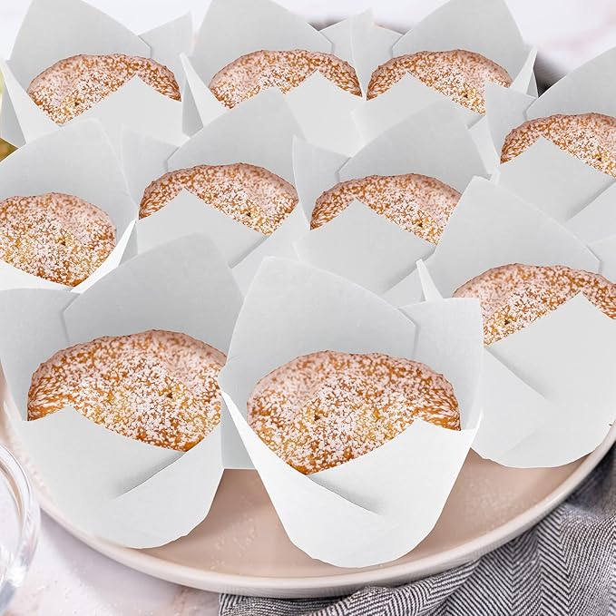 Jutom 200 Pack Tulip Cupcake Liners Paper Baking Cups Greaseproof Muffin Liners Grease Resistant Cupcake Wrappers for Weddings Birthday Cake Balls Muffins Candy Jelly Party(White)