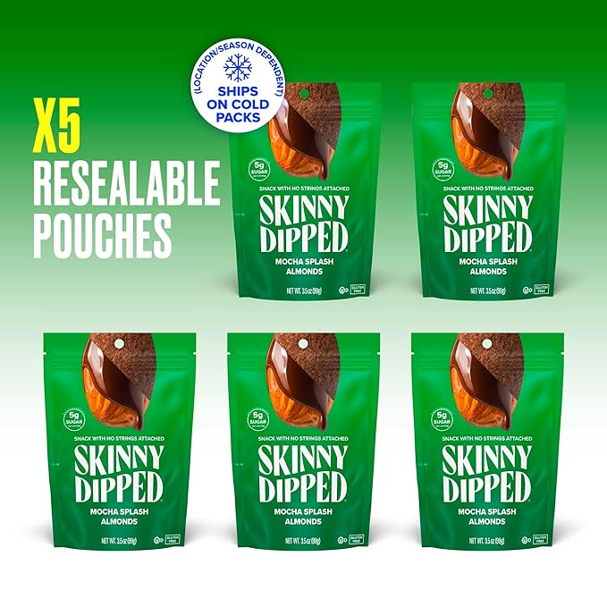 SkinnyDipped Mocha Splash Almonds, Healthy Snack, Plant Protein, Gluten Free, 3.5 oz Resealable Bags, Pack of 5