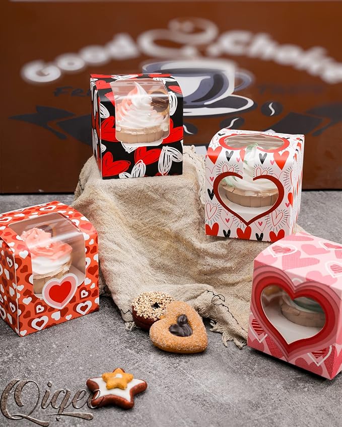 qiqee Valentine Cupcake Boxes Individual 60pcs Auto-Popup 3.5" x 3.5" x 3.5" Single Cupcake Carrier Container for Vanlentine ＆ Party