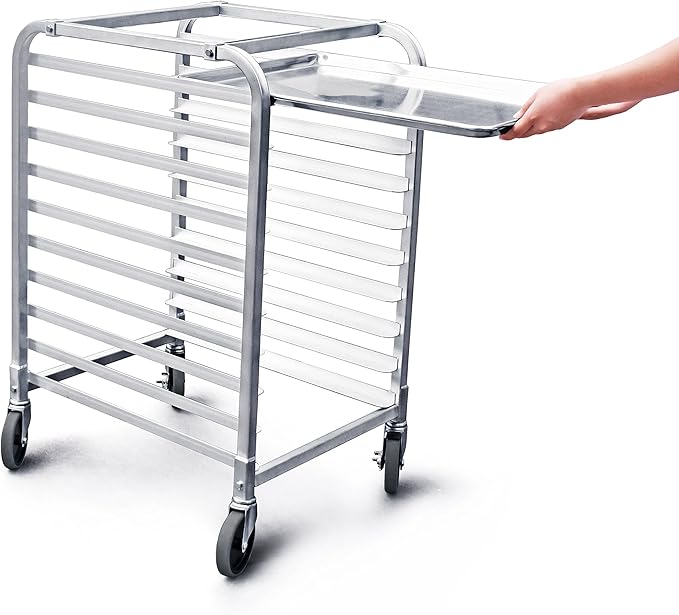 New Star Foodservice 36510 Commercial-Grade Aluminum 10-Tier Sheet Pan/Bun Pan Rack, 26" L x 20" W x 38" H with Brake Wheels Silver