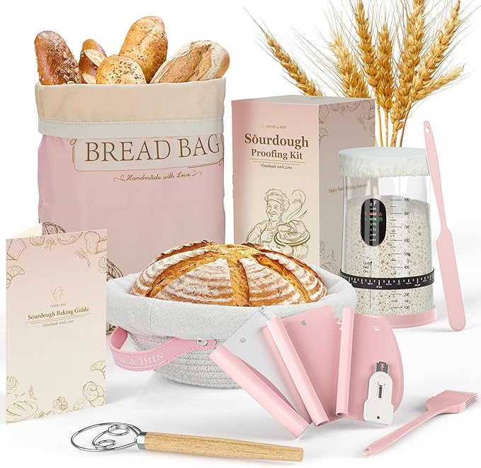 CINNIE&JHIN Pink Sourdough Starter Kit, Complete Baking Tools Set with Proofing Baskets, Pink Design Gifts for Women Bakers - Bread Making Supplies with Jar, Lame, Scraper, Bag & More
